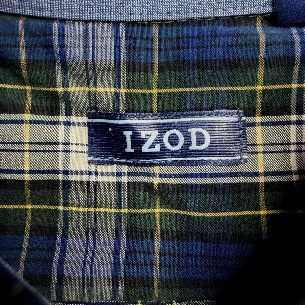 IZOD Mens XL Plaid Button Down Shirt Navy Blue Green White Long Sleeve Cotton